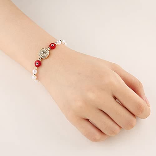 HZMAN Evil Eye Bracelet for Women Girls 14K Gold Plated Saint Benedict Medal Retro Blue Eye Bead Protection Stretch Bracelet