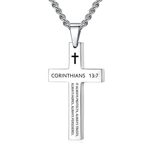 REVEMCN Men's Black Silver Stainless Steel Cross Necklace Faith Jewelry