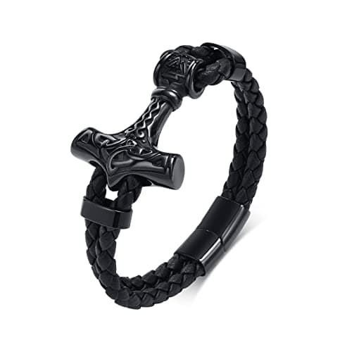 VNOX Viking Bracelet for Men - Genuine Leather Braided Thor's Hammer Wristband Jewelry