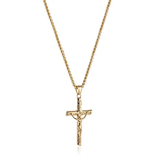HZMAN Crucifix Cross Pendant Necklace Stainless Steel Jesus Jewelry for Men and Women with 22+2 Chain