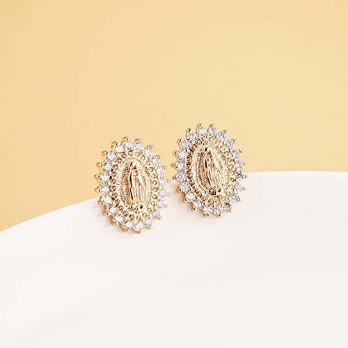 HZMAN 14K Gold Plated Virgin Mary Stud Earrings for Women