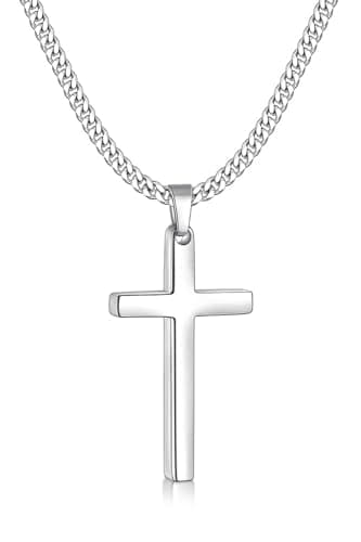 Fiusem Men's Silver Tone Cross Necklace, 3.5mm Chain, Stainless Steel Pendant, 16-24 Inches