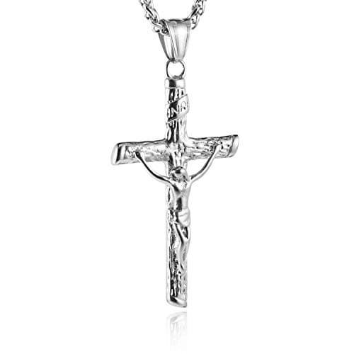 HZMAN Crucifix Cross Pendant Necklace Stainless Steel Jesus Jewelry for Men and Women with 22+2 Chain