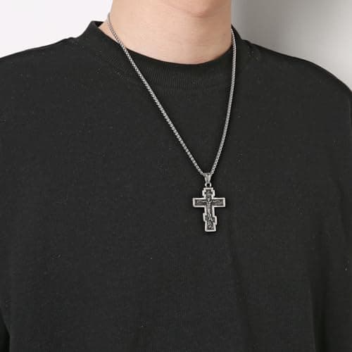 HZMAN Vintage Orthodox Cross Crucifix Necklace, Silver Gold Black, 22+2 Inches Chain