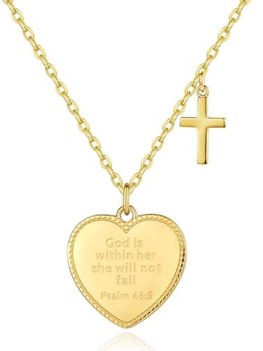 Christian Bible Verse Cross Necklace for Women: 14K Gold Plated Prayer Faith Pendant