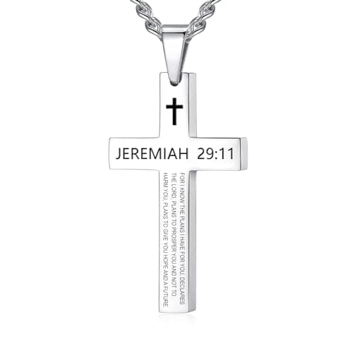 REVEMCN Men's Black Silver Stainless Steel Cross Necklace Faith Jewelry