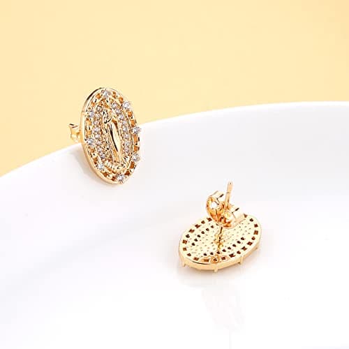 Virgin Mary Stud Earrings for Women - 14K Gold Plated