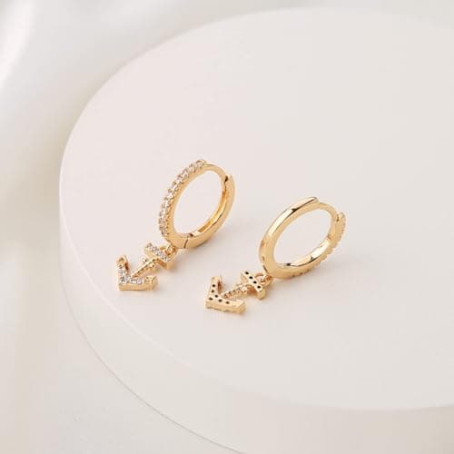 HZMAN 14K Gold Plated Cubic Zirconia Nautical Anchor Earrings for Women