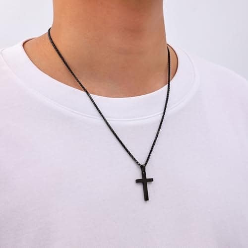 Men's Black Cross Necklace, 16-24 Inch Stainless Steel Chain