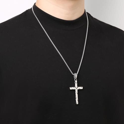 HZMAN Men's Retro Stainless Steel Scarred Cross Pendant Necklace Christian Faith Jewelry Gift