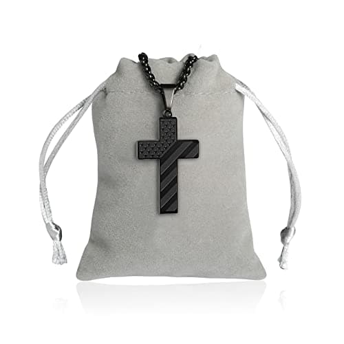 DuoDiner 24 Inch Cross Necklace for Men Boys Kids - Bible Verse American Flag Pendant Baptism First Communion Graduation