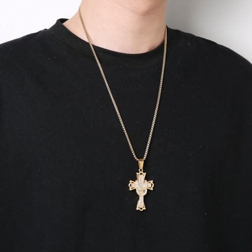 HZMAN Mens 18k Gold Plated Stainless Steel Hip-Hop Cross Cz Pendant Necklace