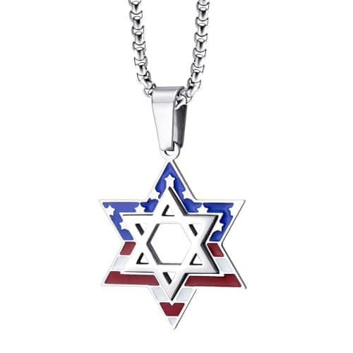 Stainless Steel Star of David & US Flag Necklace, 16-24" Chain
