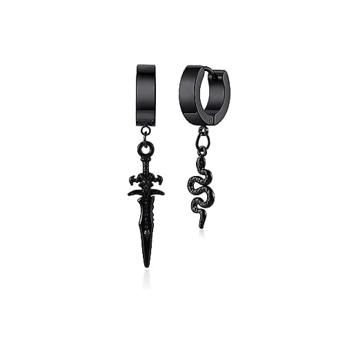 PJWONG Punk Hip Hop Silver Black Gold Tone Dangle Hoop Earrings for Women Men Teens