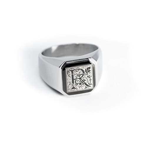 Tioneer Stainless Steel Letter Ring | Square Flat Top Men's & Women's Jewelry (Black, Gold, Silver) Size 7-16