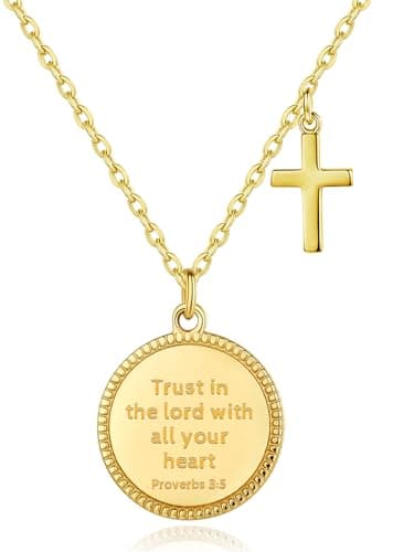Christian Bible Verse Cross Necklace for Women: 14K Gold Plated Prayer Faith Pendant