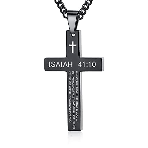 REVEMCN Men's Black Silver Stainless Steel Cross Necklace Faith Jewelry