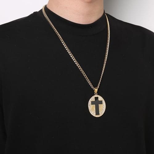 HZMAN Men's Stainless Steel Gold Cross Necklace Black Medal Pendant
