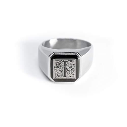 Tioneer Stainless Steel Letter Ring | Square Flat Top Men's & Women's Jewelry (Black, Gold, Silver) Size 7-16