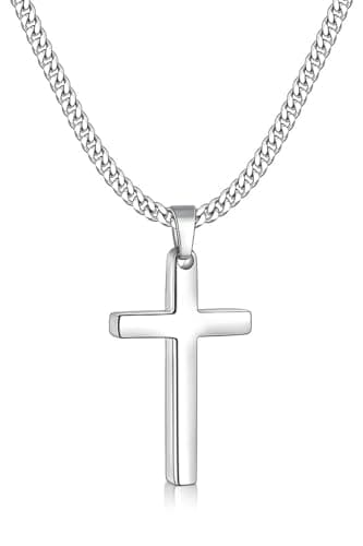 Fiusem Men's Silver Tone Cross Necklace, 3.5mm Chain, Stainless Steel Pendant, 16-24 Inches