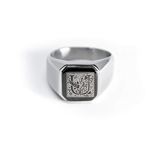 Tioneer Stainless Steel Letter Ring | Square Flat Top Men's & Women's Jewelry (Black, Gold, Silver) Size 7-16