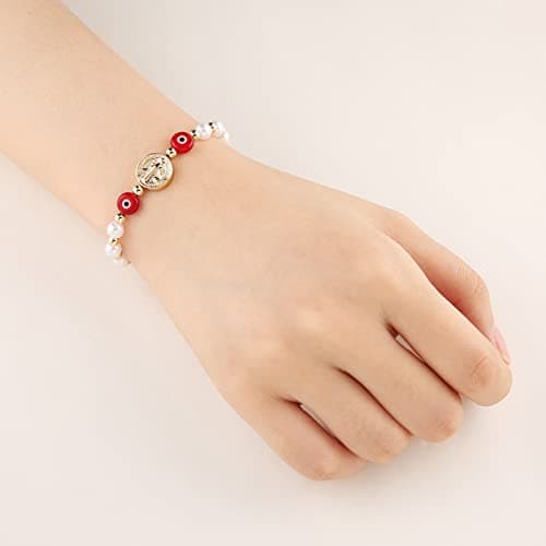 HZMAN Evil Eye Bracelet for Women Girls 14K Gold Plated Saint Benedict Medal Retro Blue Eye Bead Protection Stretch Bracelet