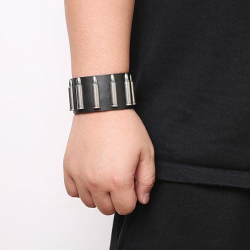 HZMAN Black Leather Bullet Bracelets for Men Adjustable Gotha Punk Cuff Jewelry