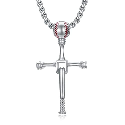 Sterling Silver Baseball Necklace Philippians 4:13 Gift for Men or Boys Bat Cross