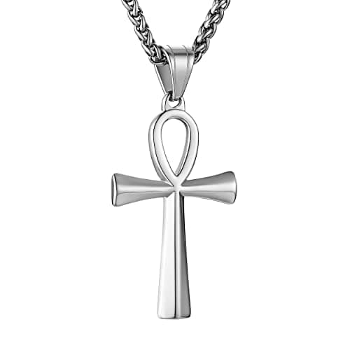 HZMAN Stainless Steel Coptic Ankh Cross Pendant Necklace, 22+2 Rope Chain