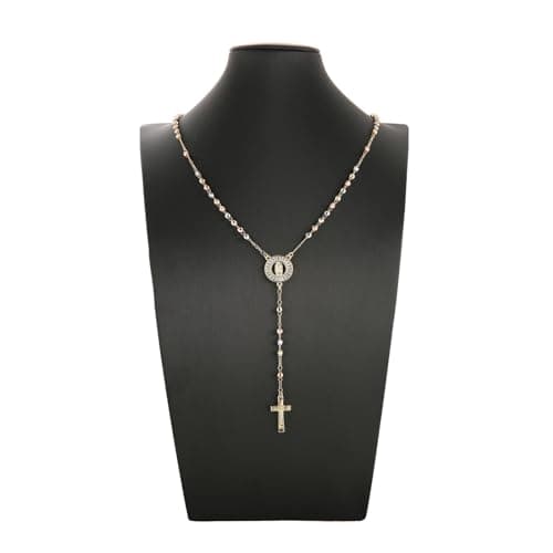 HZMAN 14K Gold Plated Virgin Mary & St. Benedict Rosary Necklace - Dainty Christian Jewelry Gift for Women