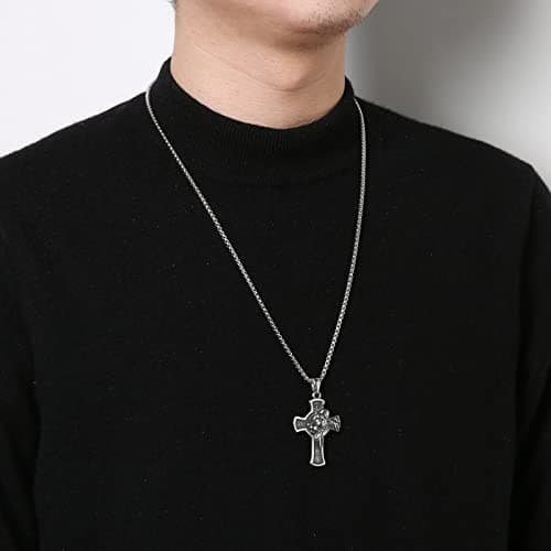 Stainless Steel Cross Necklace for Men Women with Lion Head Pendant and Chain