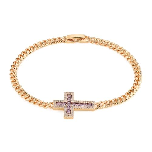 14K Rose Gold Plated CZ Cross Bracelet for Women
