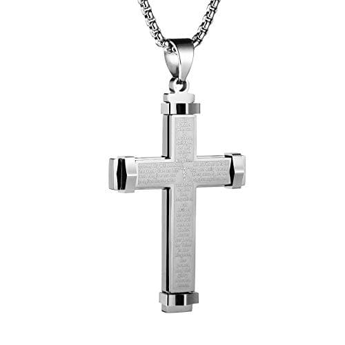 Cross Necklace Pendant Lord's Prayer Stainless Steel Men's Large