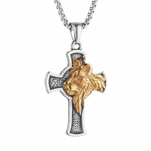 Stainless Steel Cross Necklace for Men Women with Lion Head Pendant and Chain
