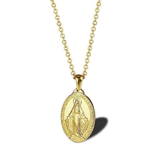 18K Gold Plated Virgin Mary Necklace with Christ Medallion Coin