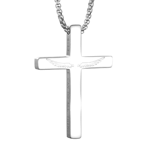 KouGeMou Cross Necklace with 22" Chain - Stainless Steel Religious Faith Jewelry