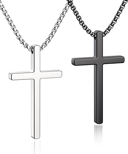 Romass Men's Stainless Steel Silver & Black Cross Necklace 16-30 inches