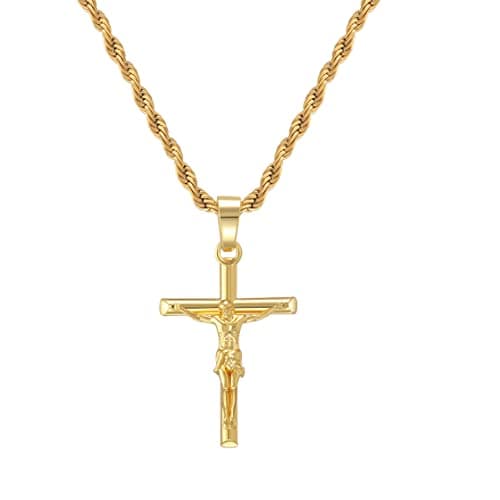 HELLOICE 18K Gold Plated Cross Necklace with 22" Chain for Men & Women