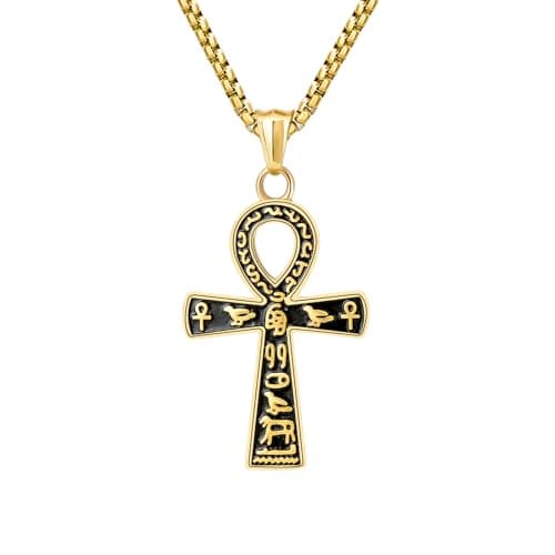 Ancient Egyptian Ankh Cross Pendant Necklace with Coptic Chain - 24 Inch Stainless Steel Chain