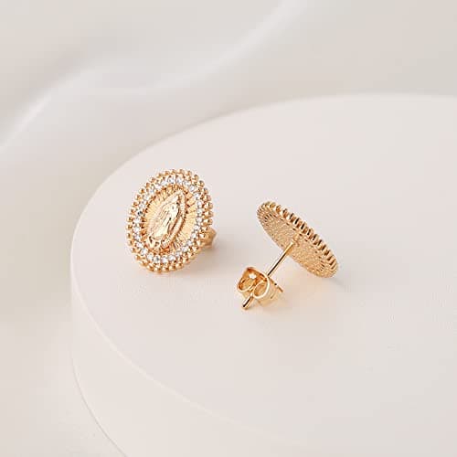14K Gold Plated Virgin Mary Stud Earrings for Women Girls