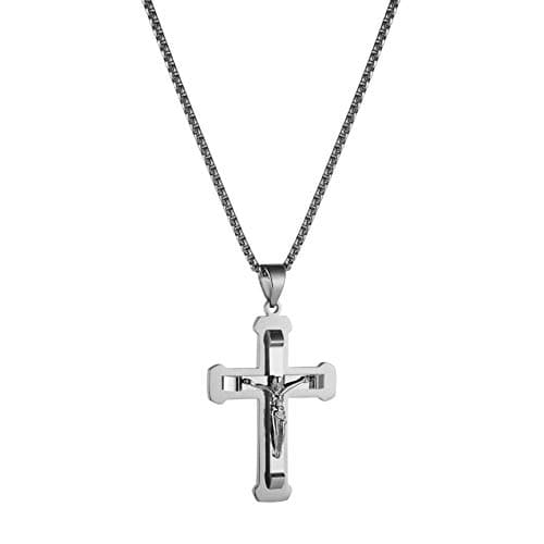 HZMAN Men's Jesus Pendant Necklace - Silver Gold Black Multicolor Cross 24 Inch Chain