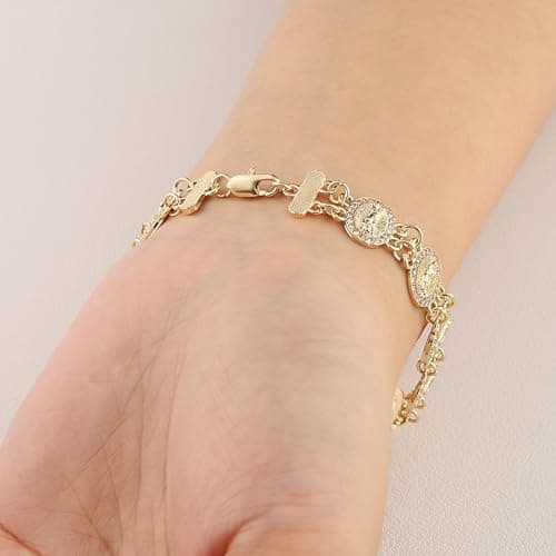 Women's Religious Virgin Mary Bracelet with Cubic Zirconia-Lined Our Lady of Guadalupe Links