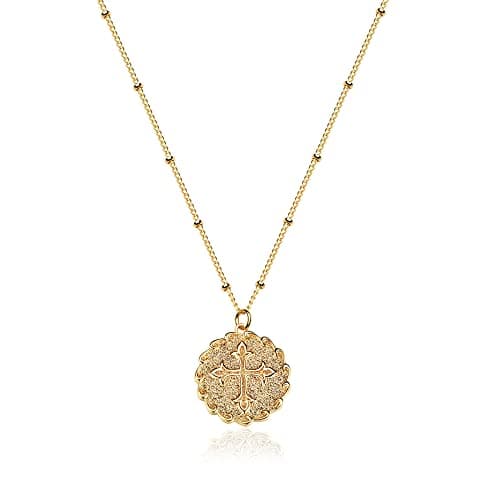 VACRONA 18k Gold Plated Vintage Textured Coin Necklace for Women