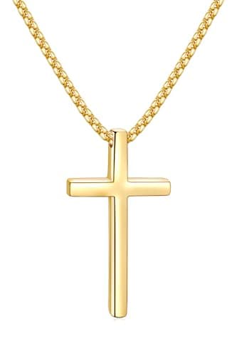 Fiusem Men's Silver/Gold/Black Cross Necklaces 2.5mm Chain, 16-24 Inch Box Chain