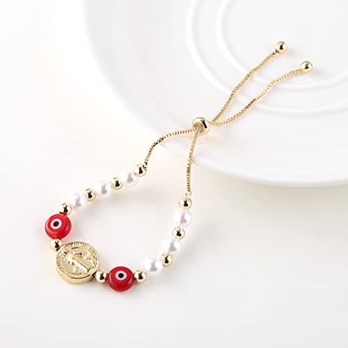HZMAN Evil Eye Bracelet for Women Girls 14K Gold Plated Saint Benedict Medal Retro Blue Eye Bead Protection Stretch Bracelet