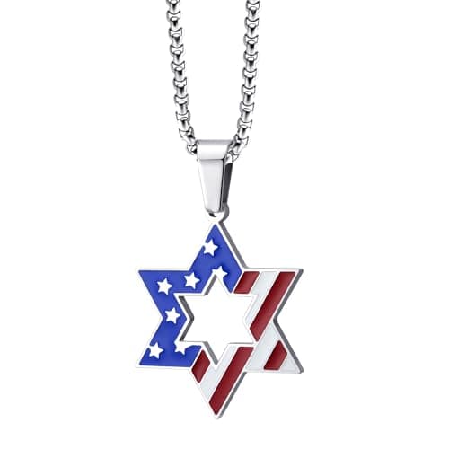 Stainless Steel Star of David & US Flag Necklace, 16-24" Chain