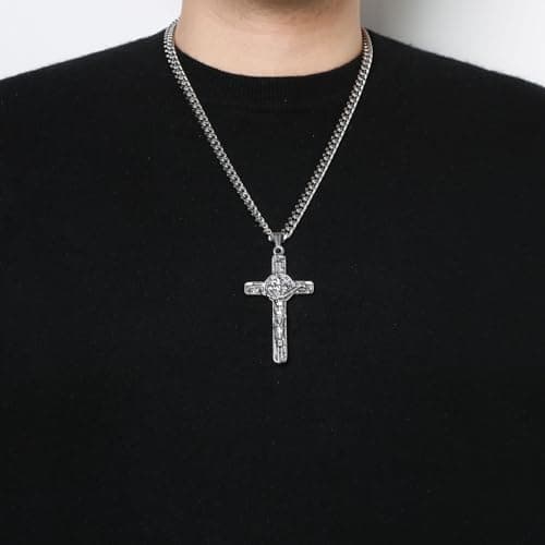 HZMAN Men's Stainless Steel Retro Saint Benedict Cross Pendant Necklace with Cuban Chain