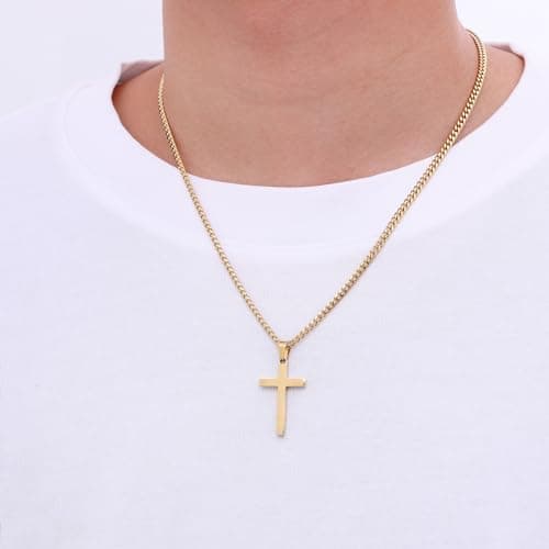 Fiusem Men's Gold Plated Cross Necklace, 3.5mm Chain & Stainless Steel Pendanteciunu