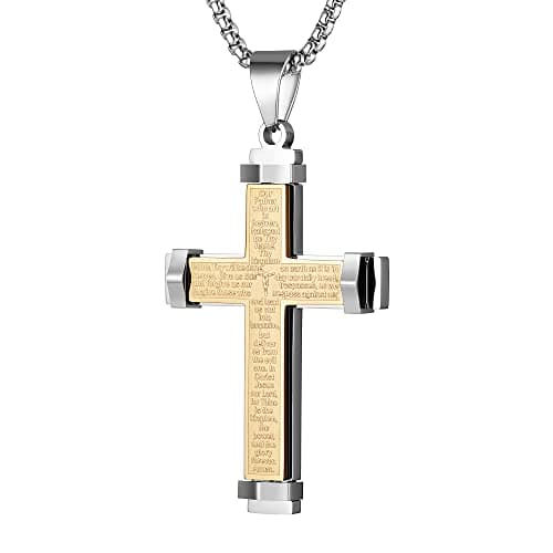 Cross Necklace Pendant Lord's Prayer Stainless Steel Men's Large