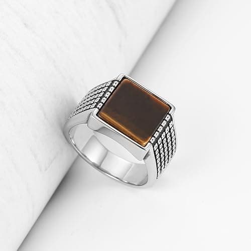 Retro Tiger Eye Stone Turquoise Wedding Ring Stainless Steel Ring Size 7-14